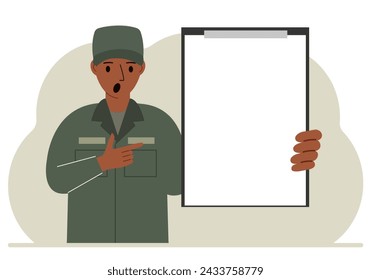 A man in a military uniform is holding a large clipboard with plenty of space for text. Vector