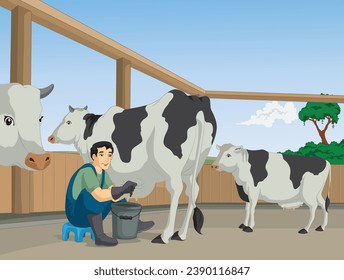 Atmósfera de una granja de ganado, vacas ordeñadas, vector, ilustración