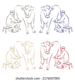 Man Milking Cow Vector Illustration Isolated On A White Background
