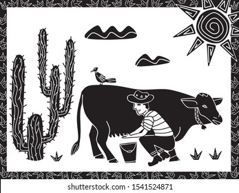 man milking cows in the cactus desert. cordel illustration