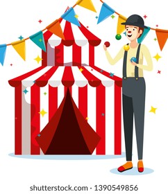 man mime costume with circus and party banner