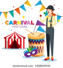 man mime with drum and party banner with circus and mask