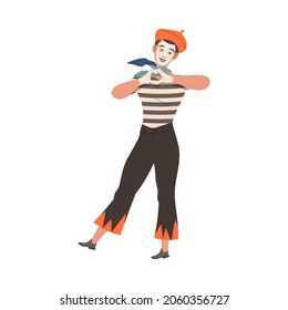 Man mime performing pantomime. Silent actor character taking part at show cartoon vector illustration