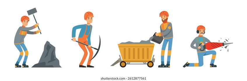 Man Miner Character in Uniform and Hard Hat Work Underground Vector Set
