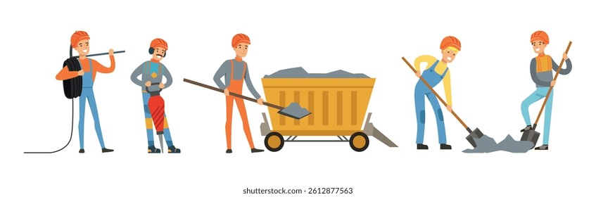 Man Miner Character in Uniform and Hard Hat Work Underground Vector Set