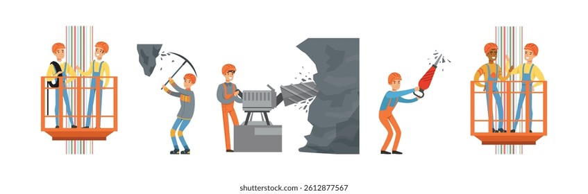 Man Miner Character in Uniform and Hard Hat Work Underground Vector Set