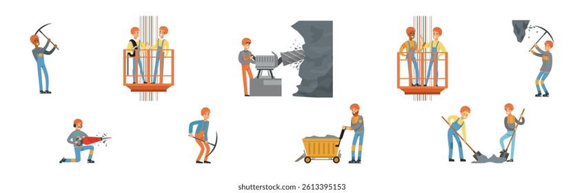 Man Miner Character in Uniform and Hard Hat Work Underground Vector Set