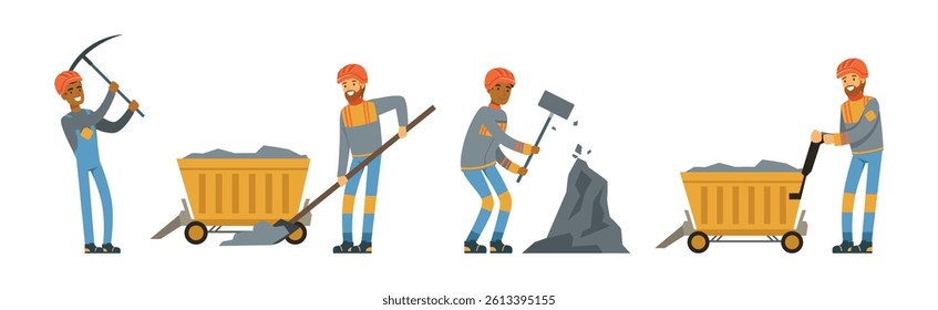 Man Miner Character in Uniform and Hard Hat Work Underground Vector Set