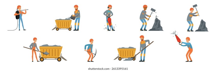 Man Miner Character in Uniform and Hard Hat Work Underground Vector Set