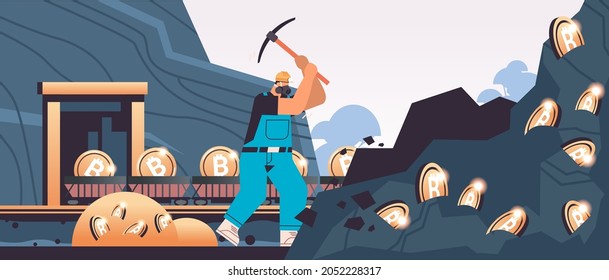 man miner digging and extracting bitcoins in mine cave mining crypto coins digital cryptocurrency blockchain svg