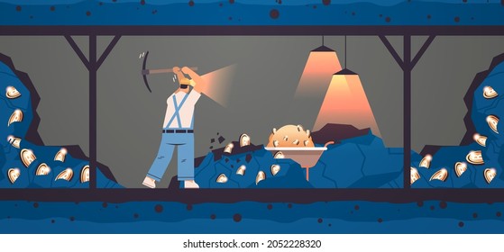 man miner digging and extracting bitcoins in mine cave mining crypto coins digital cryptocurrency blockchain