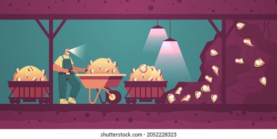 man miner cavando y extrayendo bitcoines en la cavidad minera criptomonedas digital cryptocurrency blockchain