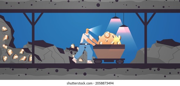 man miner digging and extracting bitcoins in mine cave mining crypto coins digital cryptocurrency blockchain