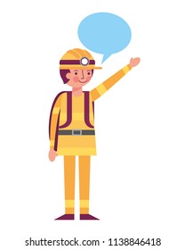 man miner in helmet and equipment speech bubble