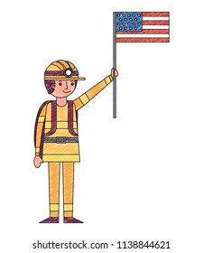 man miner in helmet holding american flag labor day