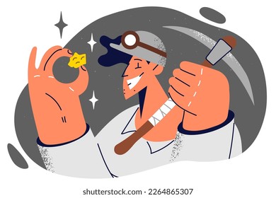 Man miner holds gold nugget rejoices in long-awaited extraction of precious metal underground. Miner in working uniform with pick in hand examines piece of gold found during excavations