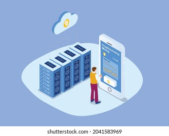 Man mining bitcoin crypto currency with mobile phone apps and cloud computing server. isometric vector concept