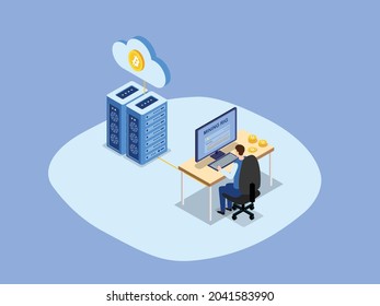 La divisa criptográfica de bitcoin del usuario con el servidor informático en la nube y en la computadora. vector isométrico