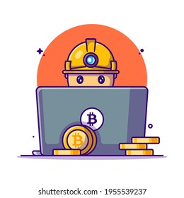Man Mining Bitcoin with Laptop Vector Cartoon Illustration. Mining Bitcoin Icon Concept White Isolated. Flat Cartoon Style Suitable for Web Landing Page, Banner, Sticker, and Background