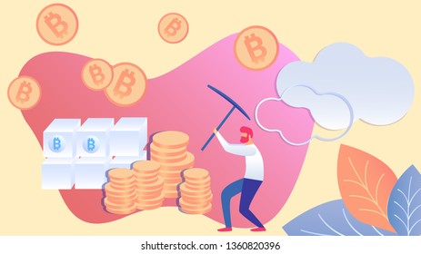 Man Mining Bitcoin with Pickaxe Flat Illustration. Redhead Crypto Miner Cartoon Character. Cryptocurrency Rain, Profit Growth, Income Increase. Cryptography, Blockchain technology Investment