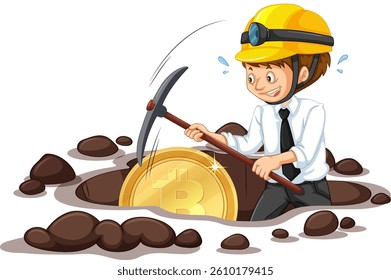 Man mining Bitcoin with a pickaxe and helmet