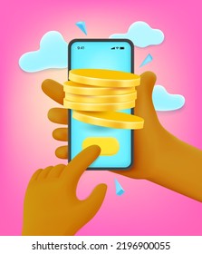 Man mining money via smartphone. 3d style vector illustration
