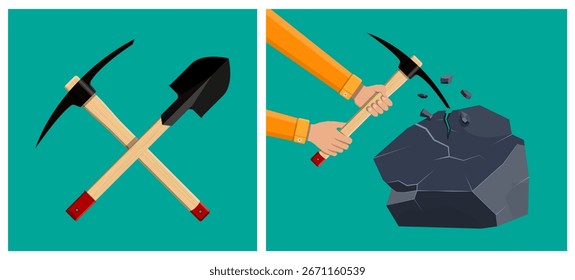 Man mining resources. Hands breaking stone with pickaxe. Flat style vector illustration for construction and mining concept.