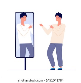 Man at mirror. guy self looking reflection, love of self. narcissism and vanity. egotism mirrored vector concept. Illustration of look selfishness, narcissistic and admiring