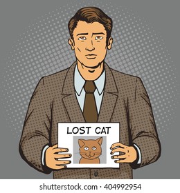 Hombre con anuncios de gato faltantes Ilustración vectorial de estilo pop art. Ilustración humana. Imitación de estilo de cómic. Antiguas estilo retro. Ilustración conceptual