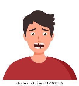 Man with missing teeth in flat design on white background. Guy loss his tooth. 