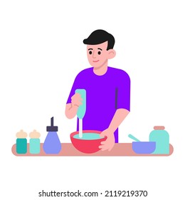 Hombre mezclando ingredientes con ilustración vectorial mezclador. El concepto de cocina del chef. Diseño de estilo plano. Gráficos coloridos