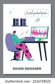 Man mixing sounds and creating music on professional equipment, poster template - flat vector illustration. Sound designer or audio engineer working with multimedia software.
