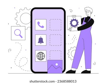 Mann mit mobiler Applikationsdienstleitung. Junge Leute in der Nähe von Smartphone mit Programm und App. Telefon-Betriebssystem-Update. Herunterladen von Dateien der Software. Lineare flache Vektorgrafik