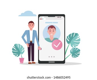 Man with mobile big phone. Accepted male face on smartphone screen, face id concept background, personality recognition, identification. Flat vector illustration