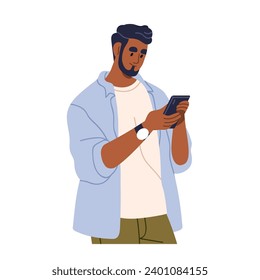 Man with mobile cell phone in hand. Character looking at smartphone, reading internet message, surfing online. Person holding cellphone. Flat graphic vector illustration isolated on white background