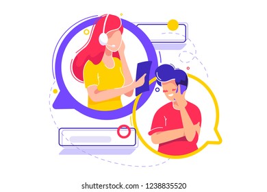 Man mobile conversation with support young woman. Concept girl help by cellphone, speech clouds. Vector illustration.