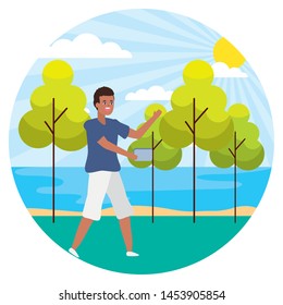 man with mobile landscape nature trees river vector illustration