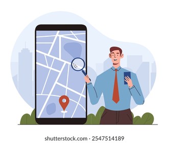 Man with mobile map. Young guy with magnifying glass near mobile phone. Navigation and geolocation, GPS system. GPS pin at map. Flat vector illustration isolated on white background