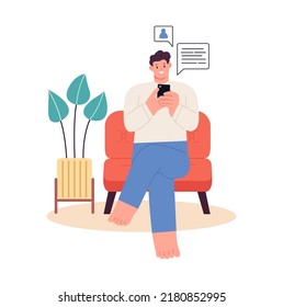 Man with mobile phone in chair at home, texting messages in social media app. Person holding smartphone, chatting online via internet. Vector illustration 
