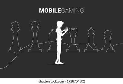 man with mobile phone and chess piece silhouette line background. icon for business planning and strategy thinking gaming