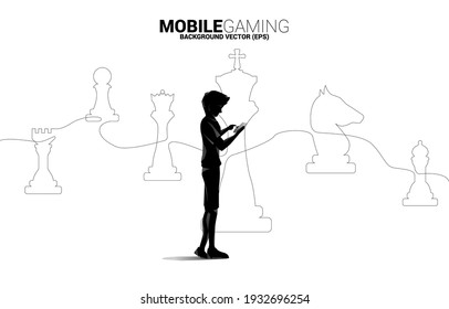 man with mobile phone and chess piece silhouette line background. icon for business planning and strategy thinking gaming