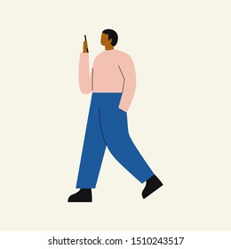 Man with mobile phone. Concept of social network relationship. Man chatting via Internet on smartphone. Flat vector illustration.