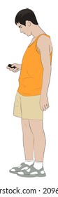 Man with mobile phone in hand, vector illustration
