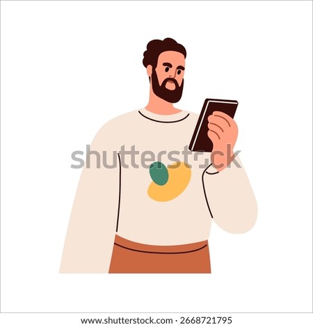 Man with mobile phone in hand. Young male holding smartphone, looking at screen, reading message, news online. Serious person using cellphone. Flat vector illustration isolated on white background