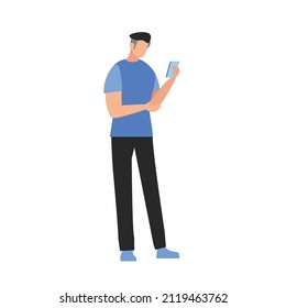 Man With Mobile Phone In Hands, Looking At Smartphone Screen, Surfing Internet Online. People Standing And Holding Cellphone Device. Flat Vector Illustration Isolated On White Background