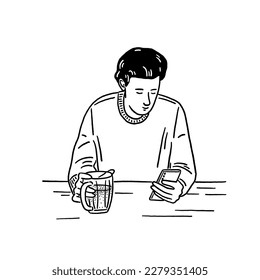 Man with mobile phone holding Beer glass sitting in Pub nightlife Hand drawn line art Illustration