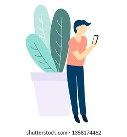 Man with mobile phone and plant. Flat style vector illustration