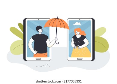 Man From Mobile Phone Screen Holding Umbrella Over Sad Woman. Therapy And Support For Sad Girl Flat Vector Illustration. Mental Health, Empathy Concept For Banner, Website Design Or Landing Web Page