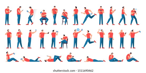 Man with mobile phone set. Collection of male character holding smartphone. Isolated flat vector illustration