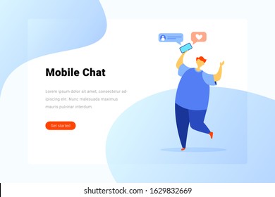Man with Mobile phone Smartphone Chat Flat vector illustration. Landing Page design template.